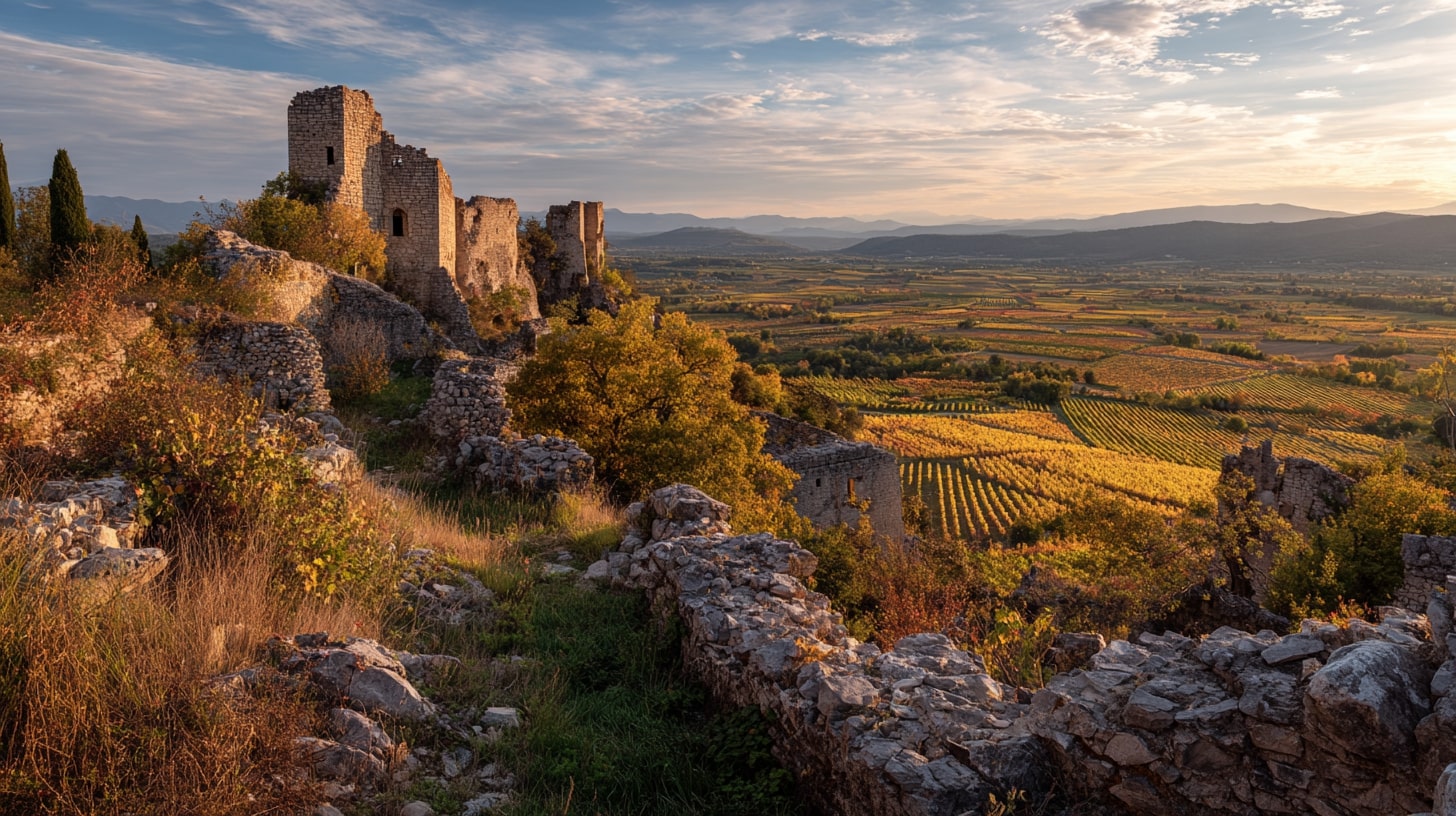 Ruines du château de Châteauneuf-du-Pape et vignobles hérités de la papauté au XIVe siècle