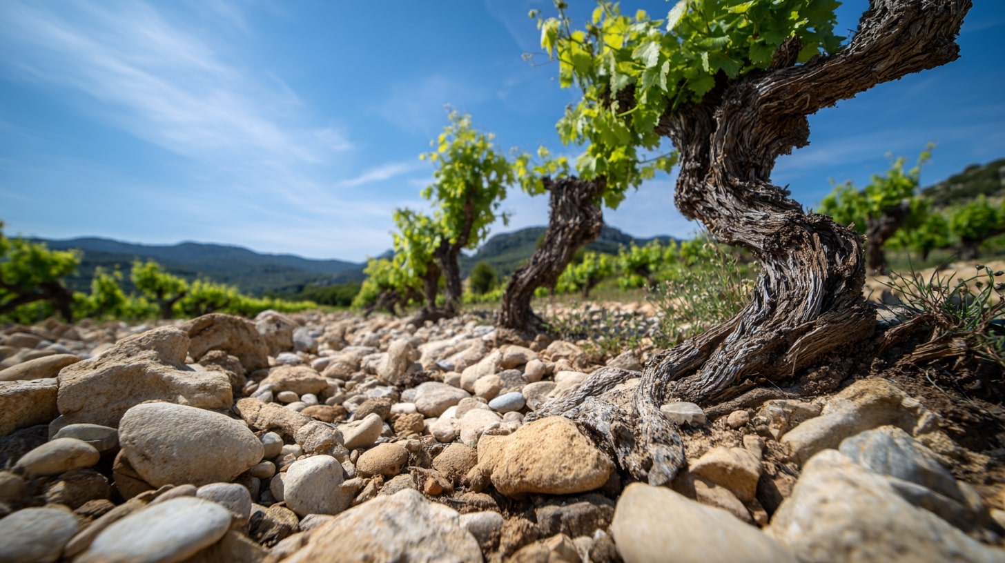 Terroirs variés de Châteauneuf-du-Pape avec sables, galets roulés et sols argileux